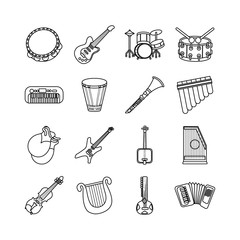 bundle of sixteen musical instruments set icons