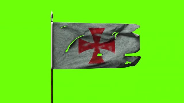 Old Torn Knight War Banner on the spear. Damaged templar flag on the green screen. 4K Looping animation