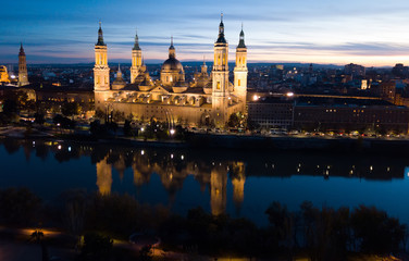 Night aerial view of Saragossa with Cathedral Basilica of Our Lady, Spain