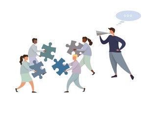 Character business leader flat puzzle concept design. Business flat team building template. Flat character Isolated flat. Abstract concept graphic element. Teamwork different races people concept