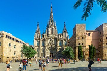 Picturesque view of impressive Cathedral of Holy Cross and Saint Eulalia in Barcelona