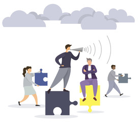 Business Team leader concept, puzzle metaphor. People connecting puzzle elements. Flat illustration teamwork, heterosexual cooperation, partnership