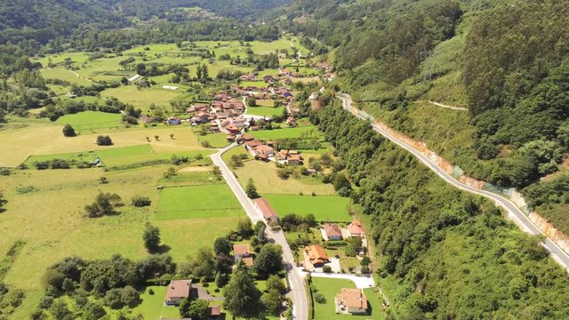 Bue&ntilde;o, beautiful village with horreos. Oviedo, Asturias.Spain. Aerial Drone Footage