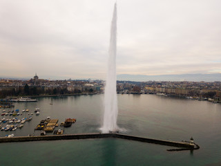Naklejka na ściany i meble Aerial view of the fountain on the Lake Leman. Geneva. Switzerland