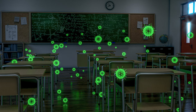 empty school class, covid 19 virus highlighted green.