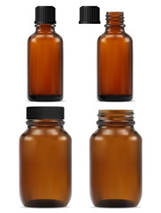 Brown glass apothecary bottle. Medicine jar mockup design for natural medicament. Vector flacon set for fish oil and e juice. Amber blank with black cap for science, pharmaceutical drug or cosmetic