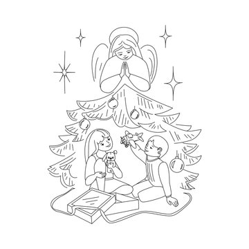 Children (boy and girl) under the Christmas tree take gifts out of the box. An angel is above them. Vector illustration. Outline. Coloring book page.