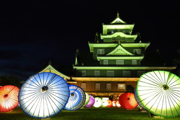 並んだ傘と城の風景