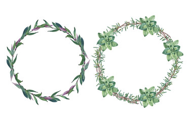 Watercolor hand drawn green leaves and branches wreaths.