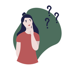 Young girl  thinking or making choice.  
Thoughtful women solwing problem or doubt.  Cute illustration in flat style
