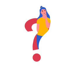 Young girl  thinking or making choice.  
Thoughtful women solwing problem or doubt.  Cute illustration in flat style