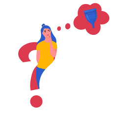 Young girl  thinking or making choice about eco friendly periods alternatives . Thoughtful women doubt about menstrual cup.  Cute illustration in flat style
