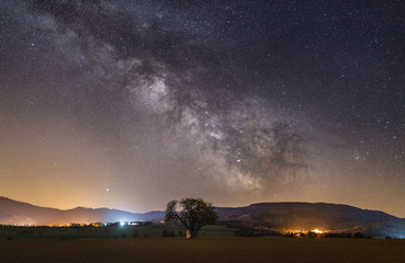 Obraz na płótnie Canvas Milky Way with a single tree in Poland with a view to the mountains