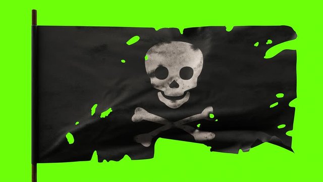 Old torn pirate flag waving. Skull and bones on green screen 4K looping 3D animation