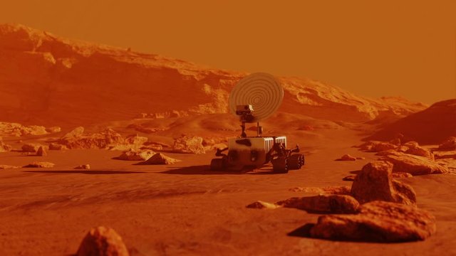 Small rover on mars red planet surface exploring. Landscape mission science and space cosmos galaxy exploration in univers and space, robot vehicle in cosmos. 3D render animation