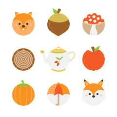 Cute autumn round vector character icons. Fall, seasonal food, objects and animals. Isolated.