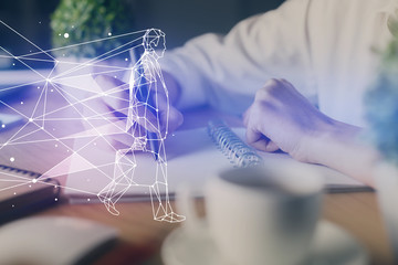 Start up creative drawing over close up hands on background. Concept of brainstorming. Multi...