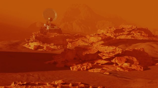Mars rover on red planet surface sitting on rock. Landscape mission science and space cosmos galaxy exploration in univers and space, robot vehicle in cosmos. 3D render animation
