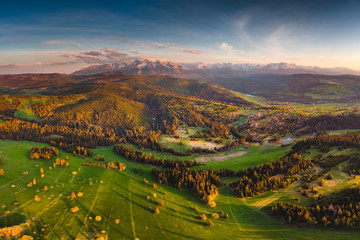Podhale and Tatra Mountains from drone. Photos was taken in spring. Poland, Malopolskie Aerial footage