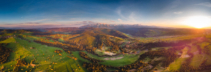 Podhale and Tatra Mountains from drone. Photos was taken in spring. Poland, Malopolskie Aerial footage