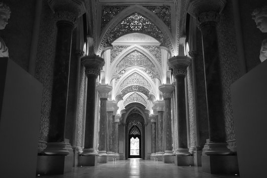 Amazing palace interior with a window to the garden in background. Monserrate Palace in Sintra, Portugal	