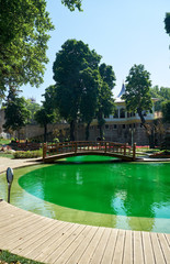Gulhane Park with fountains with amazing green water, Istanbul.