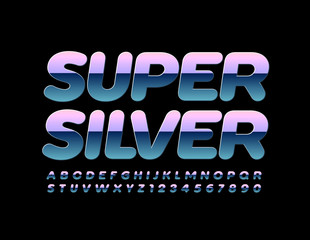 Vector Super Silver gradient Font. Creative Chrome Alphabet. Reflective metal Letters and Numbers
