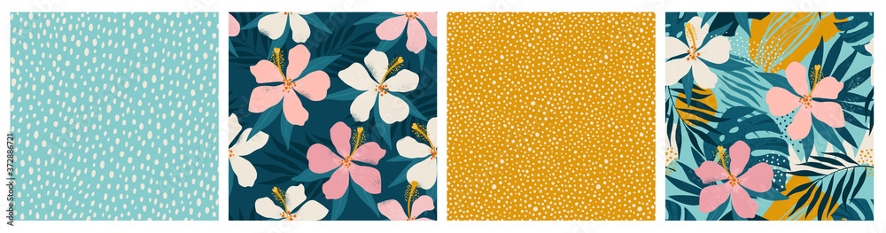 Wall mural Contemporary floral and polka dot shapes collage seamless pattern set. Modern exotic design for paper, cover, fabric, interior decor and other users.