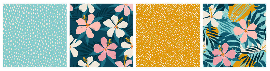 Contemporary floral and polka dot shapes collage seamless pattern set. Modern exotic design for paper, cover, fabric, interior decor and other users.