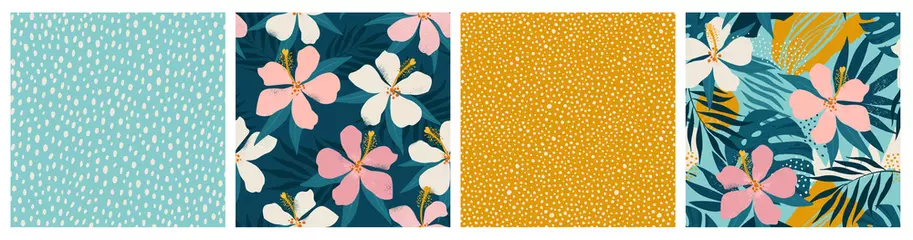 Keuken foto achterwand Contemporary floral and polka dot shapes collage seamless pattern set. Modern exotic design for paper, cover, fabric, interior decor and other users. © Angelina Bambina
