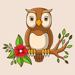 Cartoon owl on tree branch