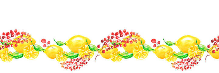 Citrus fruit, slices of lemon, orange, lime, grapefruit watercolor. Slices of orange, lemon, watercolor. branch with berries, currants. On an isolated white background. seamless background