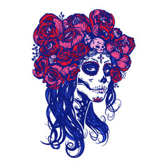 Sugar skull beautiful girl with roses wreath, Halloween makeup. Skeleton woman portrait at Dia de los Muertos, Day of the dead. Hand drawn stock vector illustrtion, sketch for tattoo 