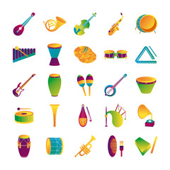 bundle of twenty five musical instruments set icons