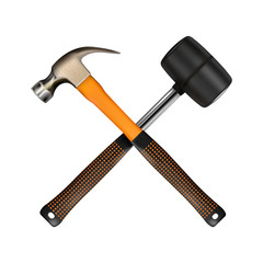Crosshairs of realistic hammer and rubber mallet. Locksmith work, modern steel tool isolated on white background
