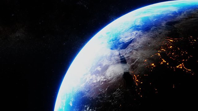 Realistic representation of planet earth from the space. 3D render animation. NASA images. World globe global environment in stars galaxy cosmos, science universe exploration of atmosphere astronomy