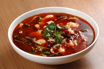  Close up of a popular Chinese Sichuan province cuisine Boiled sliced fish in hot spicy Chili oil   (Chinese: Shuizhuyu)