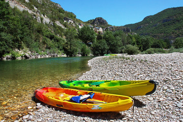 Two abandoned canoes in the Gorge du Tarn canyon, France