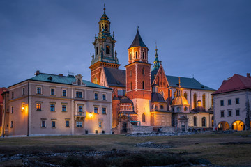 Fototapeta na wymiar Wawel Castle in Cracow during blue hour. Poland Malopolska