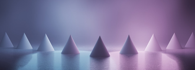 Stage background with cones in neon light duotone colors