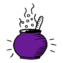 Purple cauldron with potion, vector illustration for Halloween in Doodle style