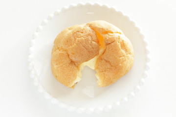 Japanese style confectionery, puff cream on dish for gourmet dessert