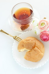 Japanese style confectionery, puff cream on dish for gourmet dessert