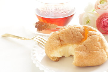 Japanese style confectionery, puff cream on dish for gourmet dessert