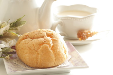 Japanese style confectionery, puff cream on dish for gourmet dessert