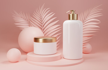 a white empty skin care bottle and a jar of cream. Abstract soft pink background with palm leaves. 3D visualization layout template