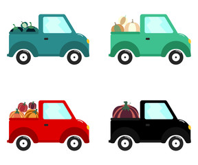 Naklejka premium Flat car collection whith pumpkin for concept design isolated vector illustration. Fall celebration. Autumn festival. Holiday decoration.