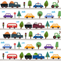 Obraz premium Childish seamless pattern with cityscape with cars. Cute illustrations for children's room design, postcards, prints for clothes.