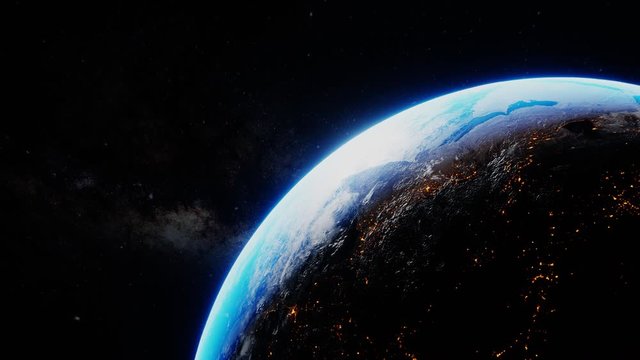Day to night transition of planet earth from out of space. 3D render animation. NASA images. World globe global environment in stars galaxy cosmos, science universe exploration of atmosphere astronomy
