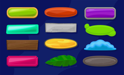 A set of cartoon long horizontal buttons of various shapes, textures and colors. Gui assets collection for game design. Vector elements for app.
